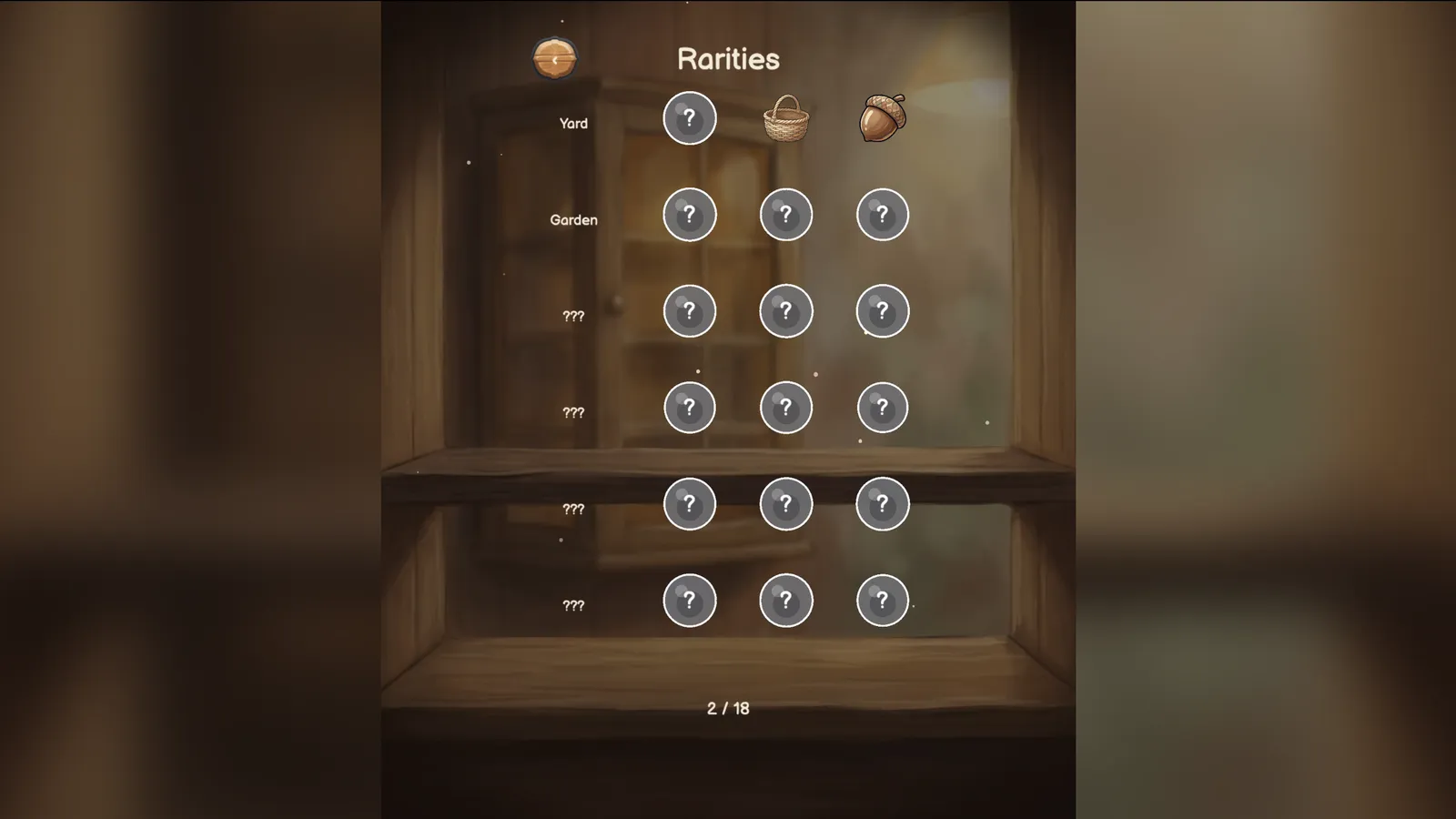 The cabinet: eighteen slots, and everything unfound under a “?”